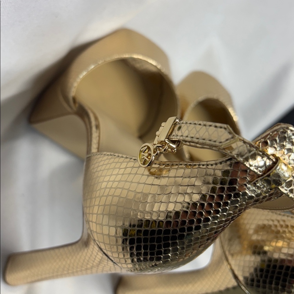 Michael Kors Martina peep toe leather Gold snakeskin Platform High Heels 9.5 - Picture 6 of 11